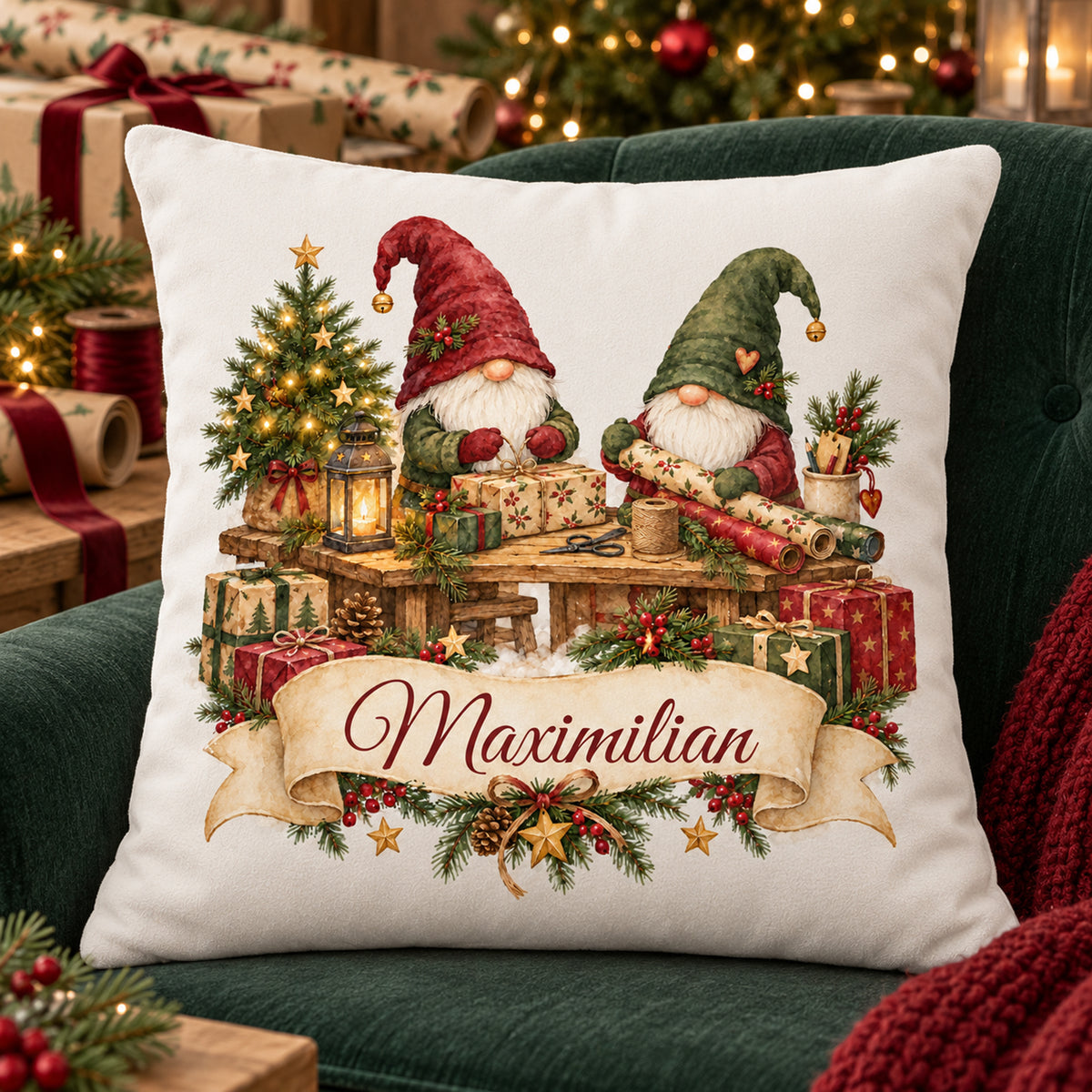 Personalisierter Weihnachtskissenbezug Wichtelwerkstatt mit Beispielname Maximilian – Weihnachtsszene