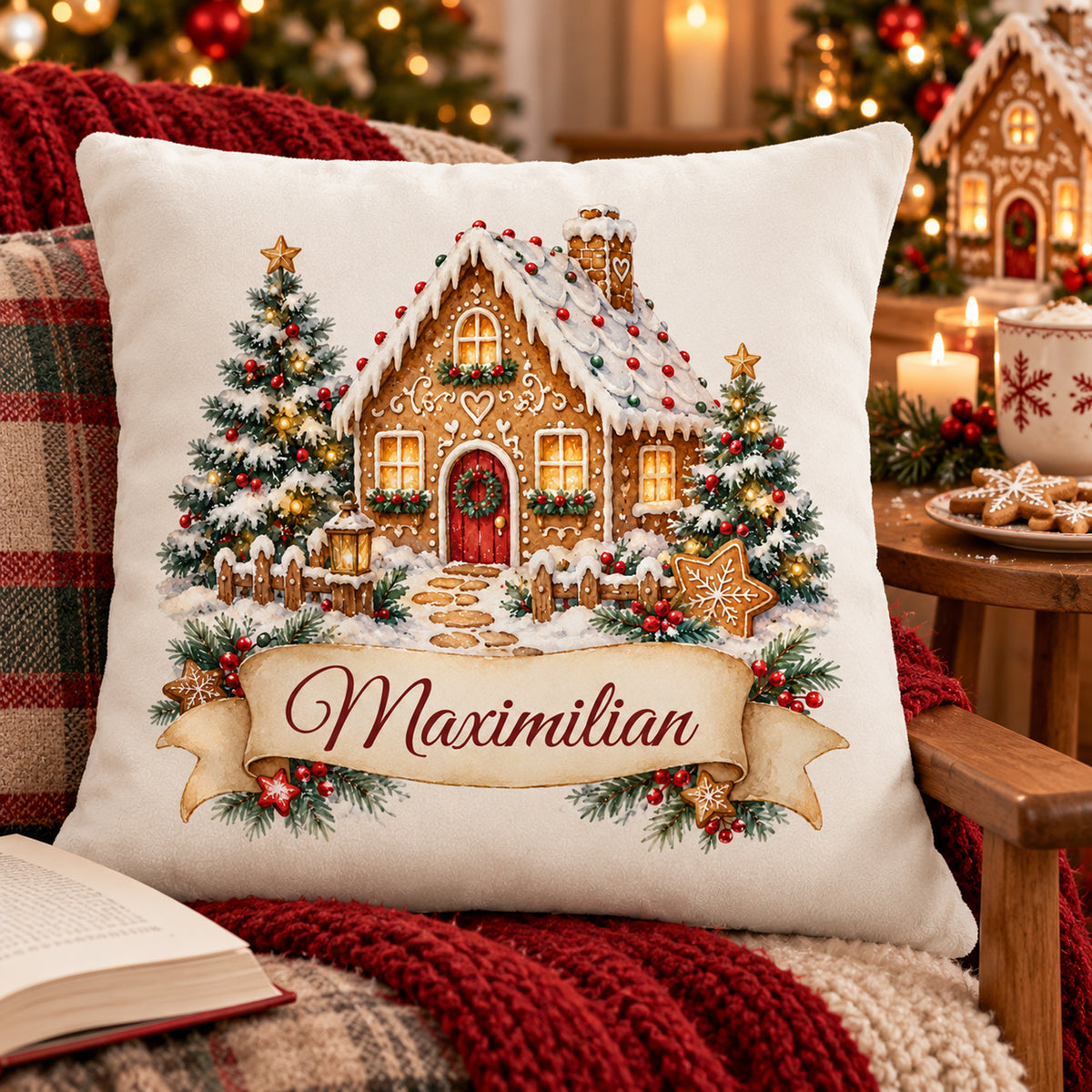 Personalisierter Weihnachtskissenbezug Lebkuchenhäuschen mit Beispielname Maximilian – Weihnachtsszene