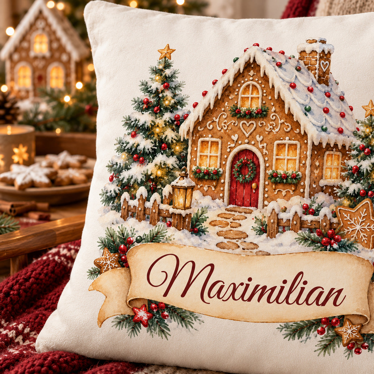 Personalisierter Weihnachtskissenbezug Lebkuchenhäuschen mit Beispielname Maximilian – Druckdetail