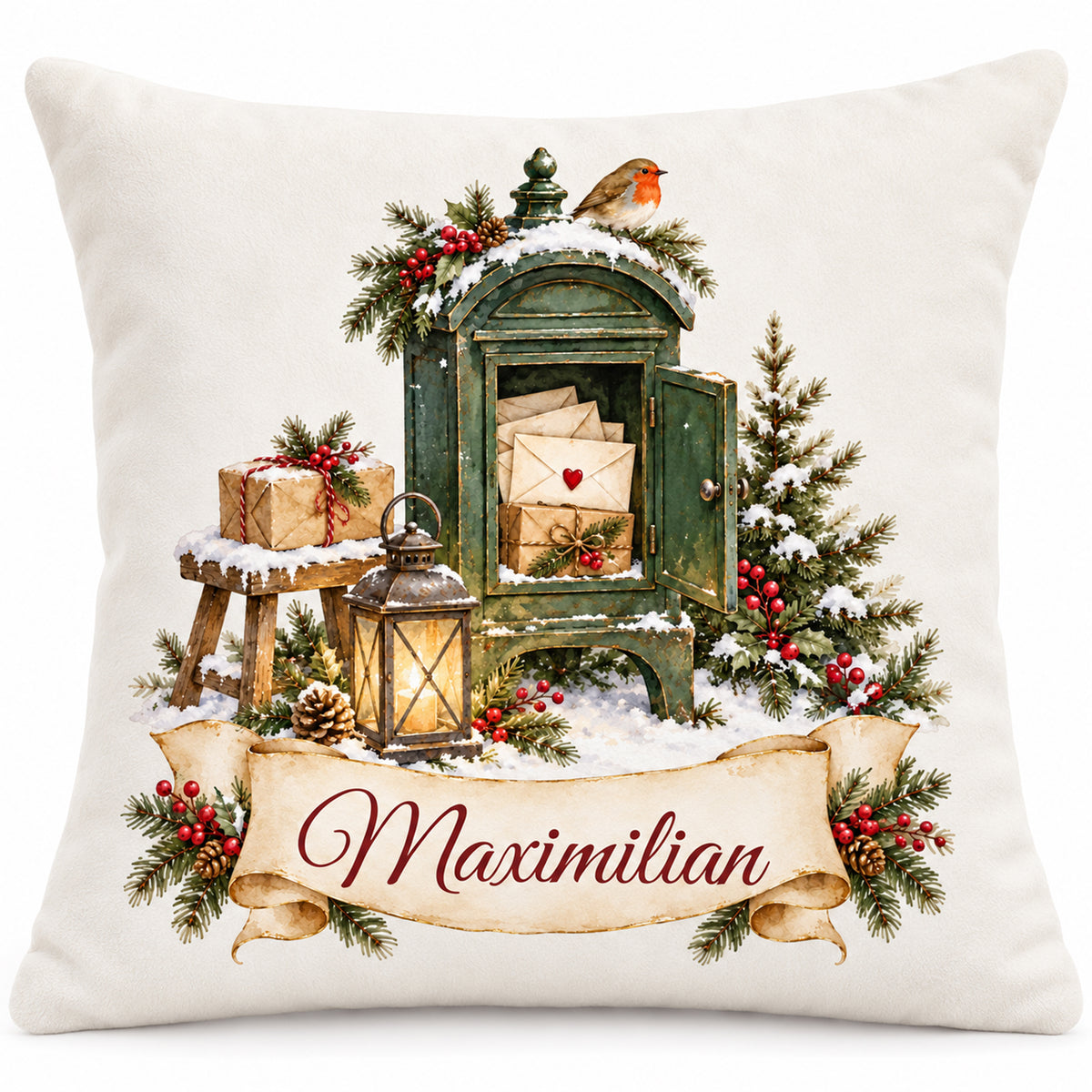 Personalisierter Weihnachtskissenbezug Weihnachtspost mit Beispielname Maximilian – Vorderansicht