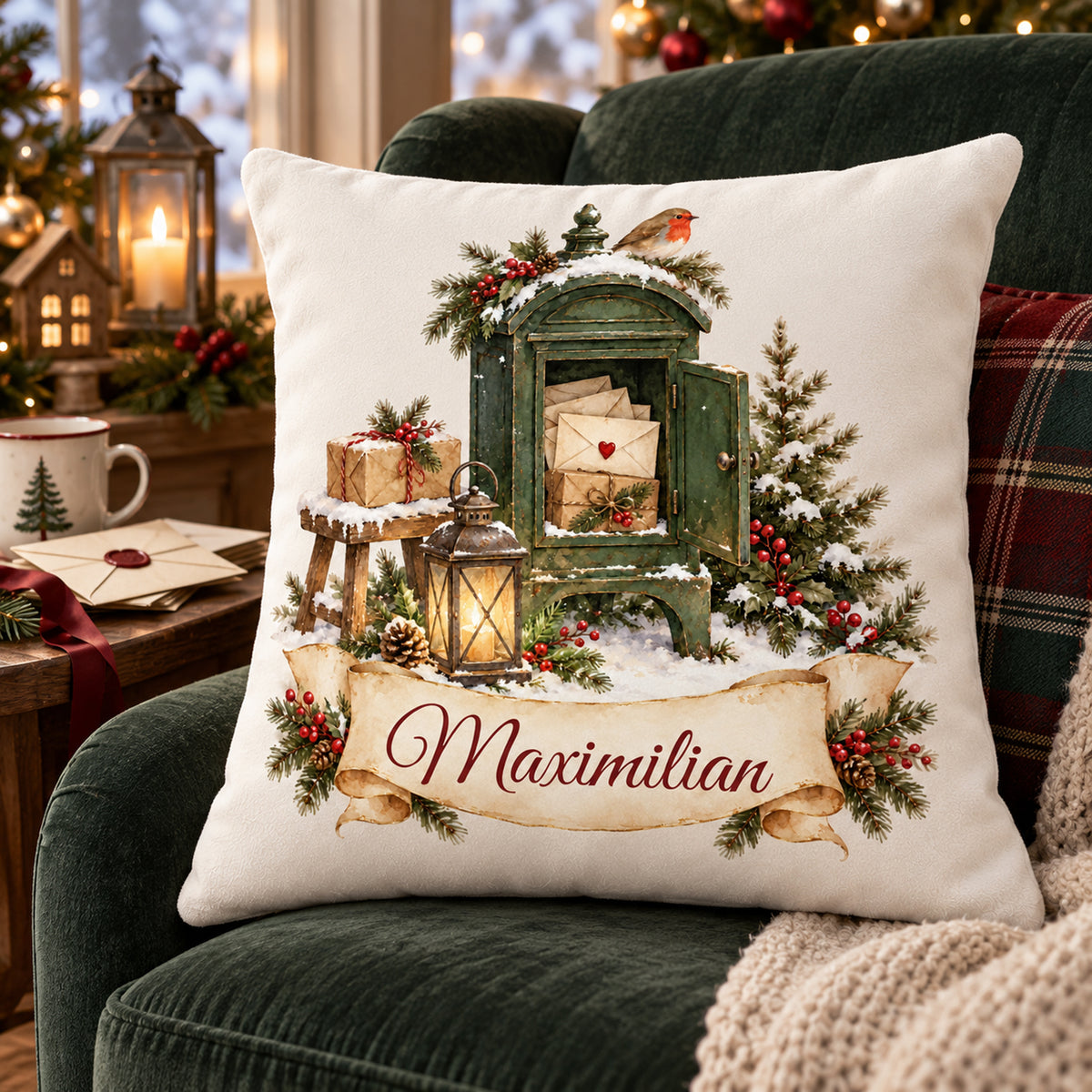 Personalisierter Weihnachtskissenbezug Weihnachtspost mit Beispielname Maximilian – seitliche Vorderansicht