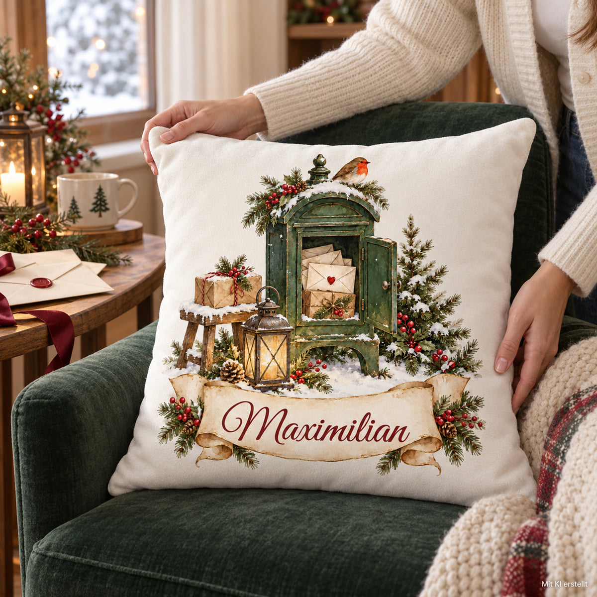 Personalisierter Weihnachtskissenbezug Weihnachtspost mit Beispielname Maximilian – Nutzungsszene