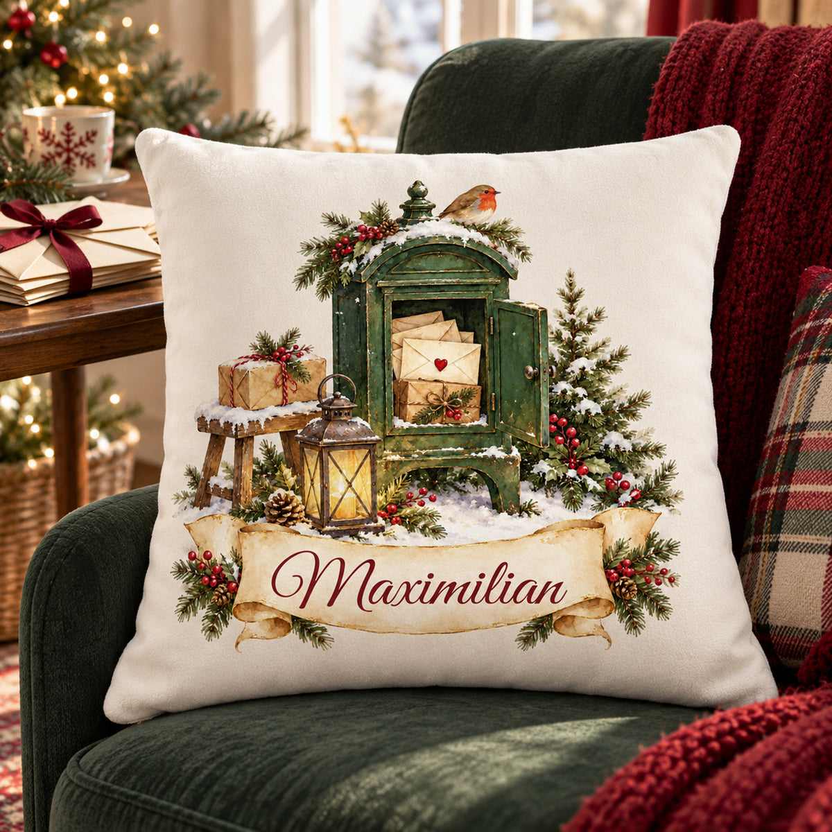 Personalisierter Weihnachtskissenbezug Weihnachtspost mit Beispielname Maximilian – Wohnraumszene