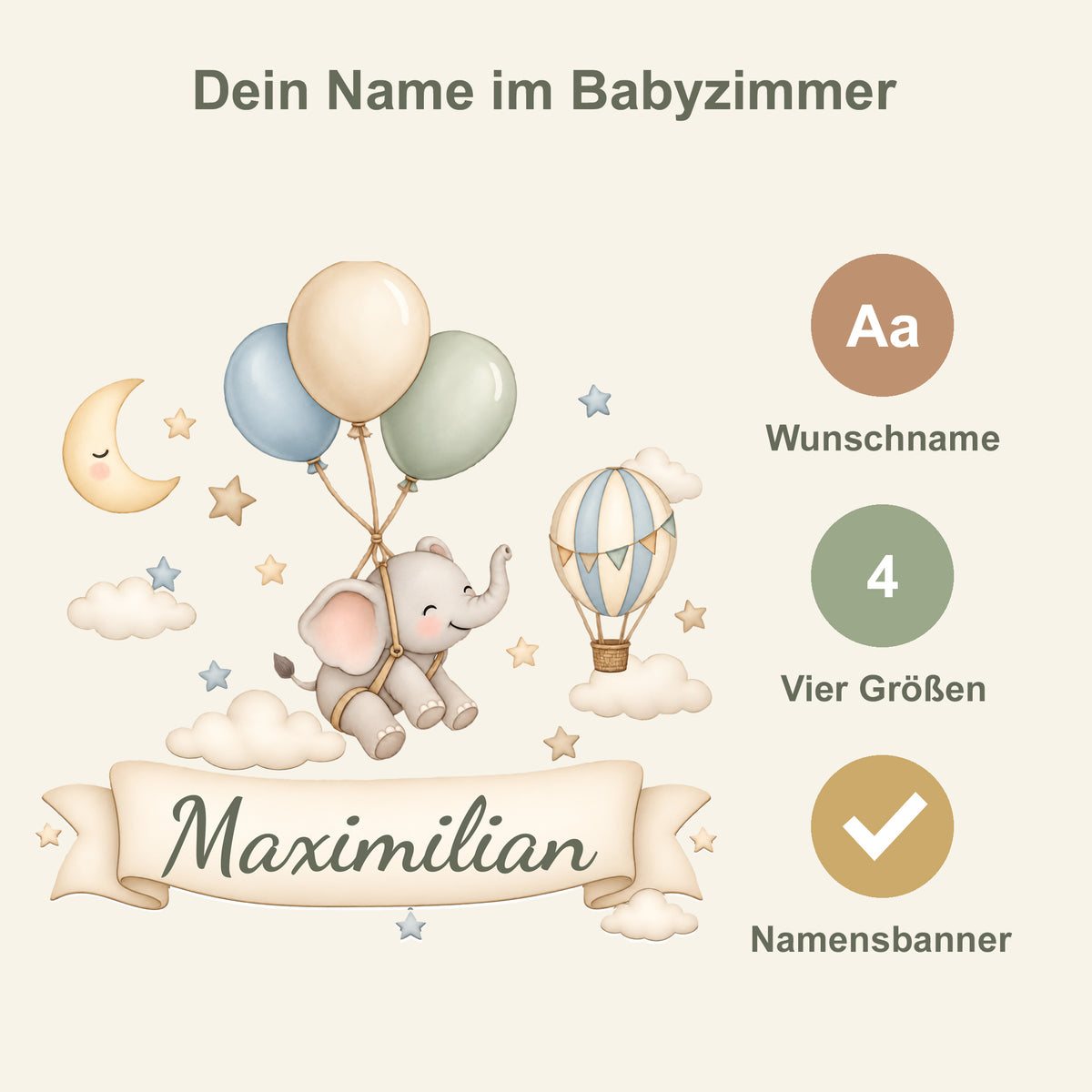 Wandtattoo Elefant mit Namen im Banner - Personalisierung