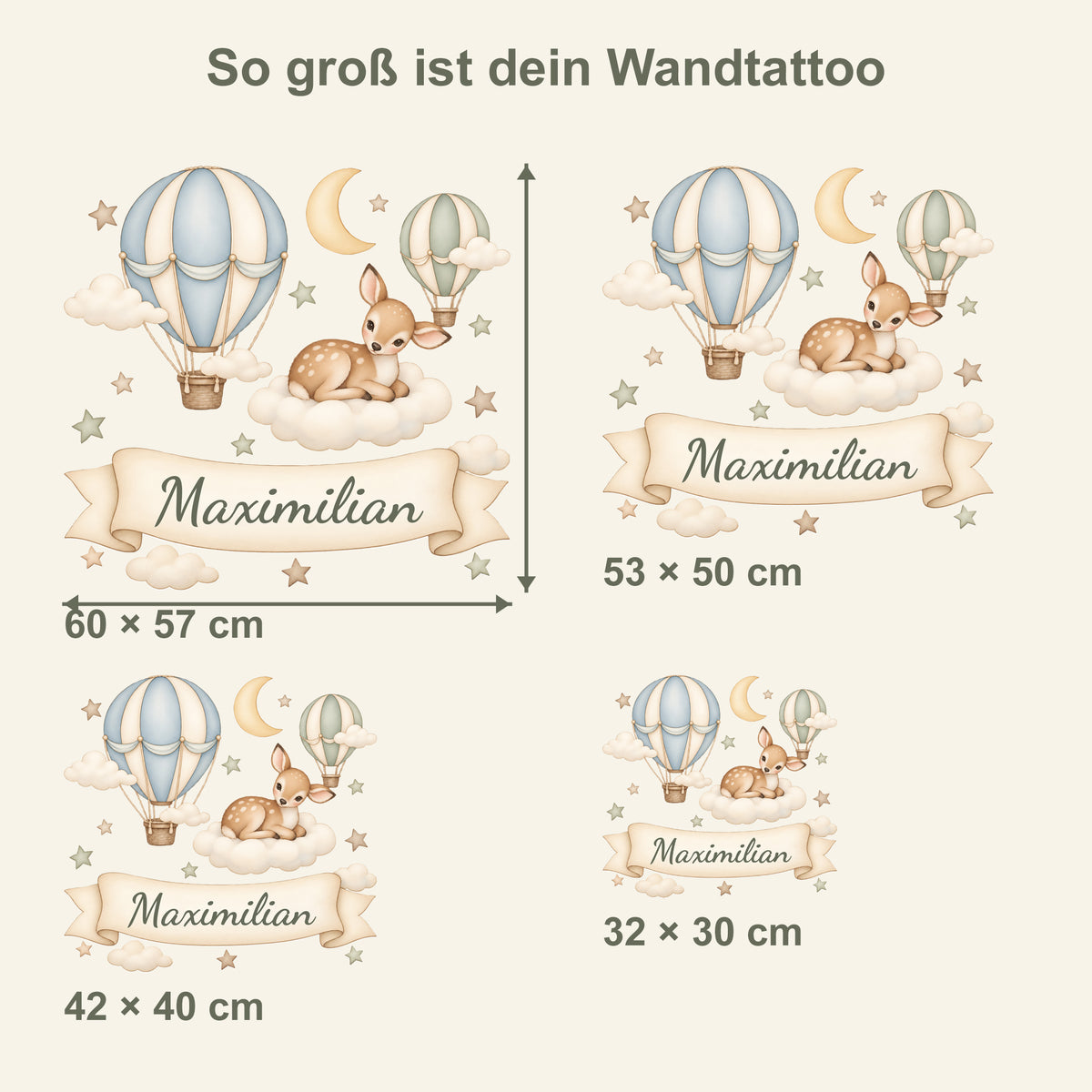 Wandtattoo Rehkitz mit Namen im Banner - Vier Größen