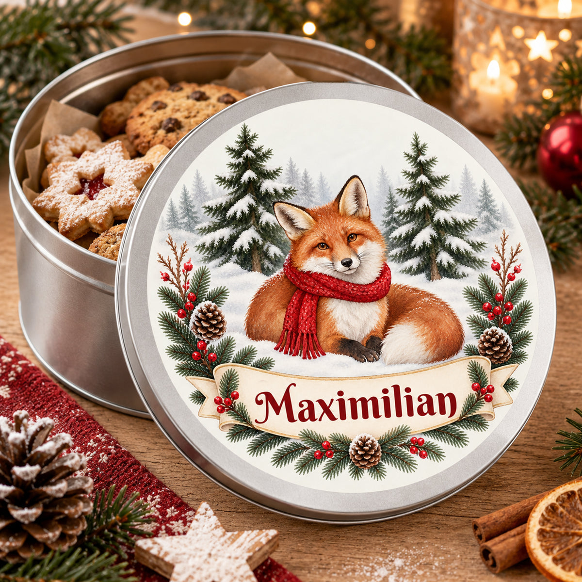 Weihnachts-Keksdose mit Winterfuchs und Wunschname – Ansicht 6