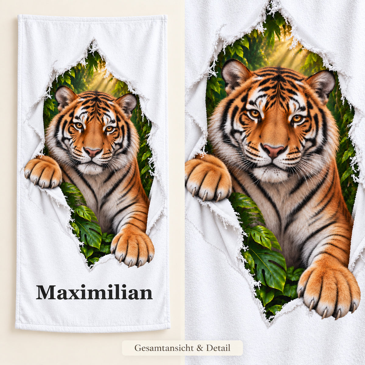 Tiger-Handtuch mit Wunschname als Gesamtansicht und vergrößertem Motivdetail
