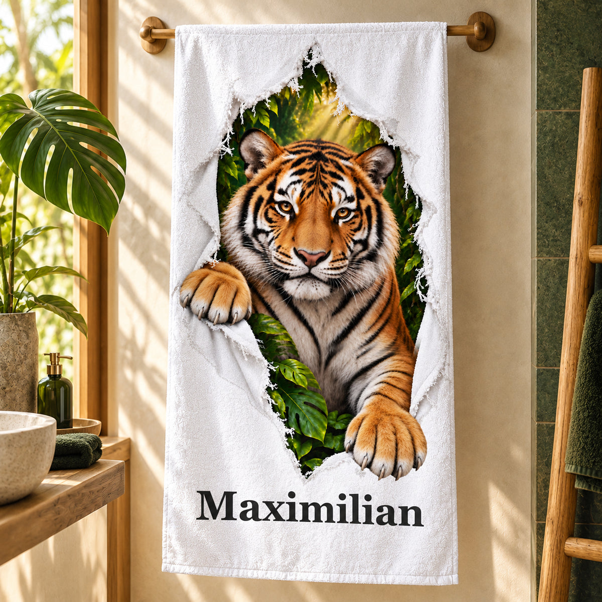 Tiger-Handtuch mit Wunschname in einer zweiten Badansicht mit passender Naturdekoration