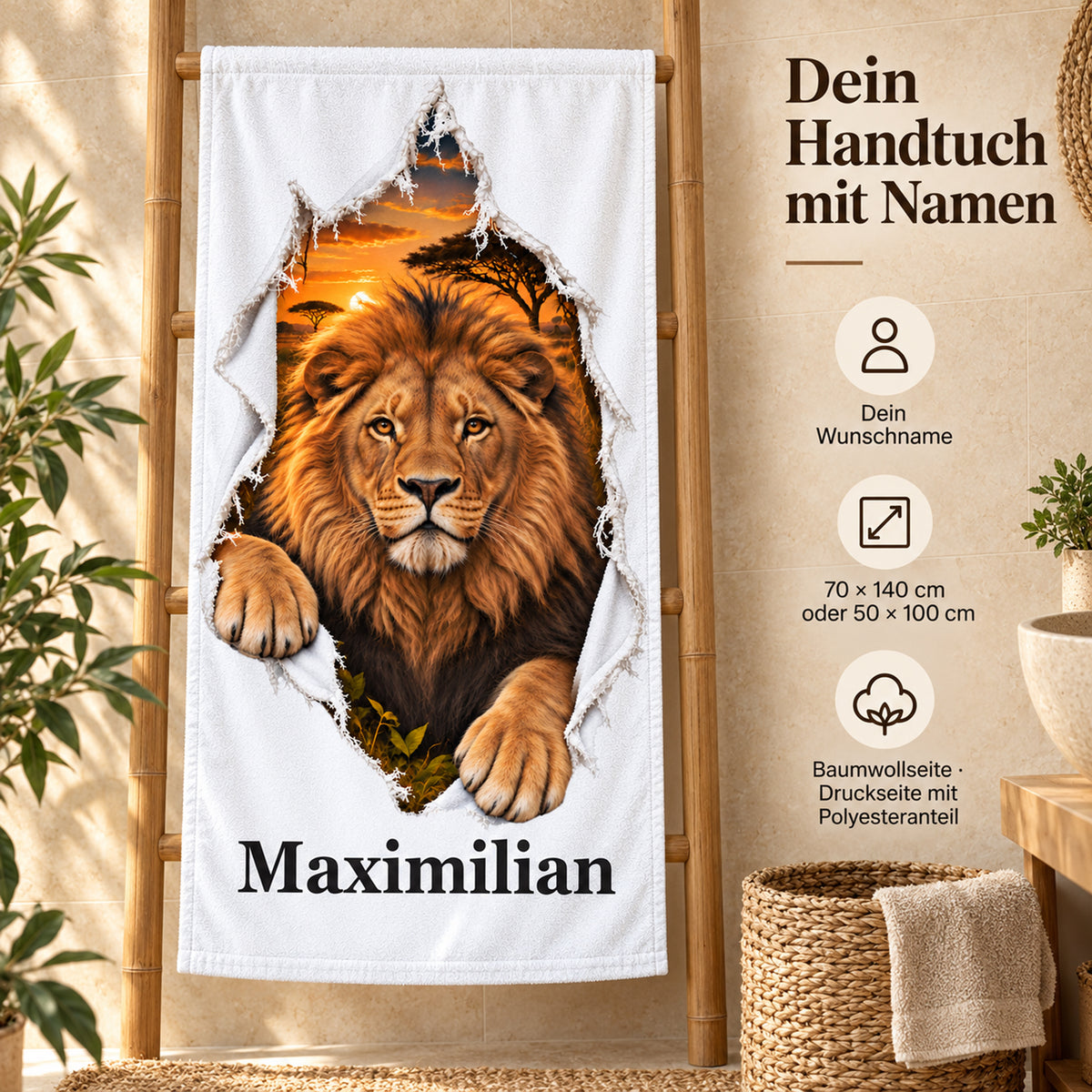 Löwe-Handtuch mit Wunschname, Größenwahl und Angaben zu Baumwoll- und Druckseite