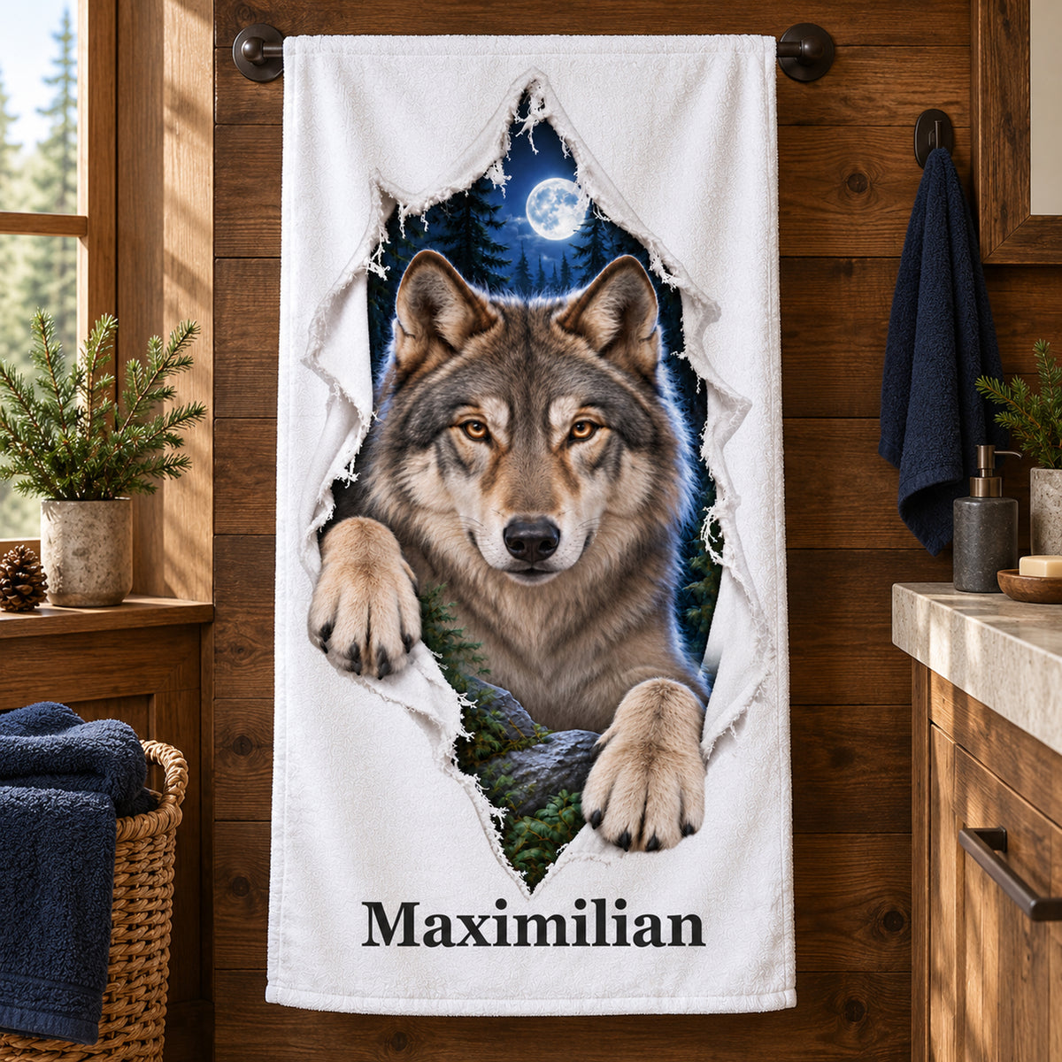 Wolf-Handtuch mit Wunschname in einer zweiten Badansicht mit passender Naturdekoration
