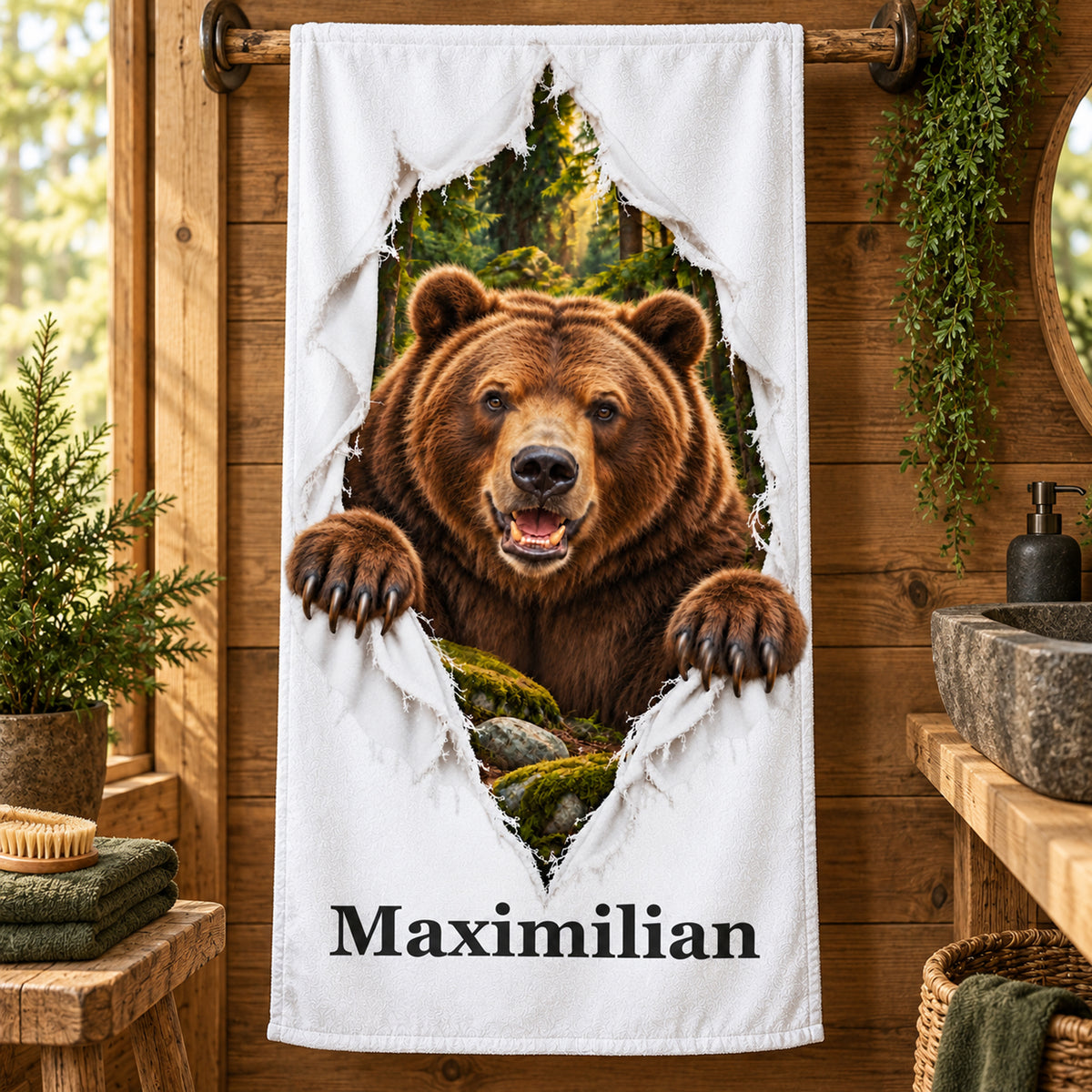 Bär-Handtuch mit Wunschname in einer zweiten Badansicht mit passender Naturdekoration