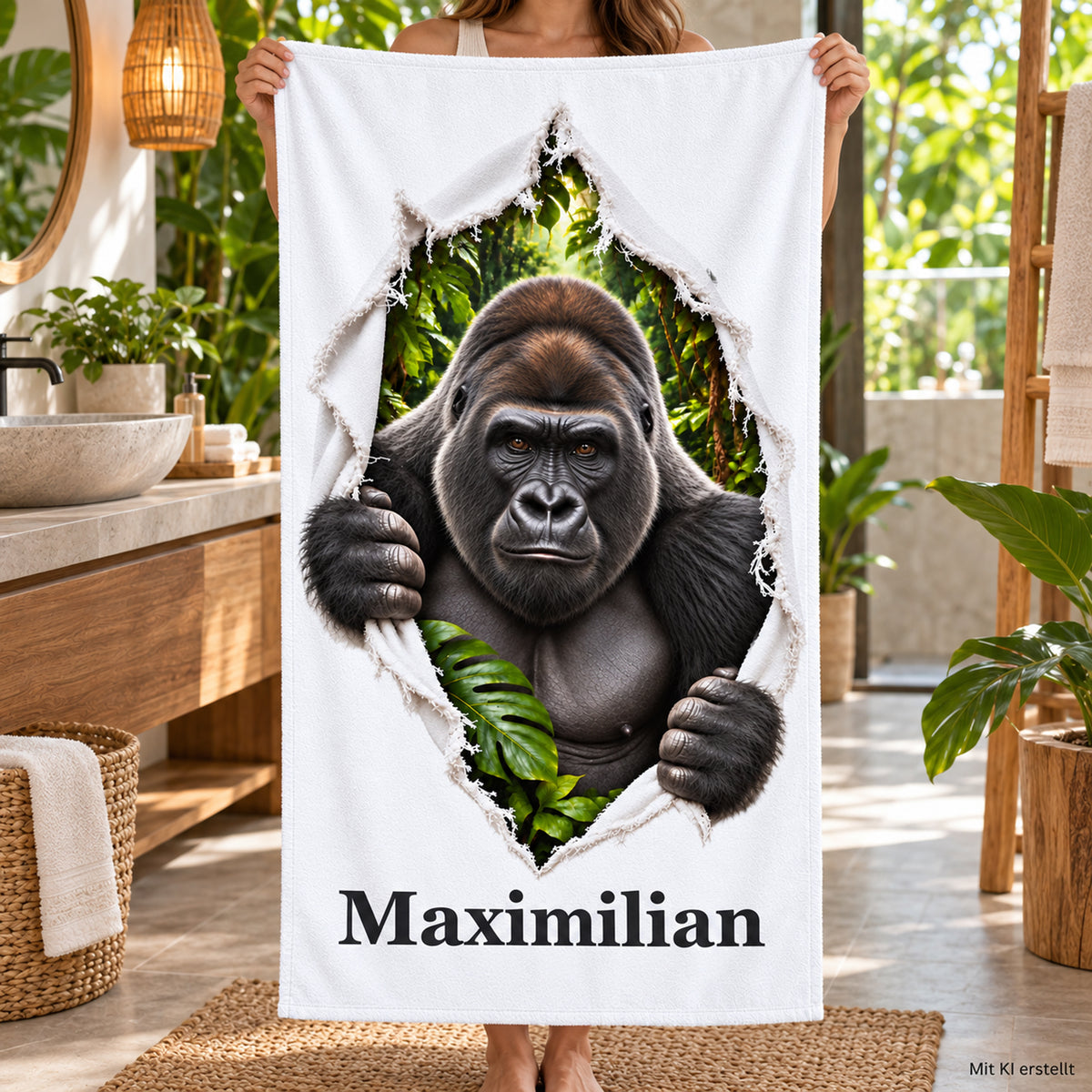 Eine Person hält das personalisierte Gorilla-Handtuch im Bad