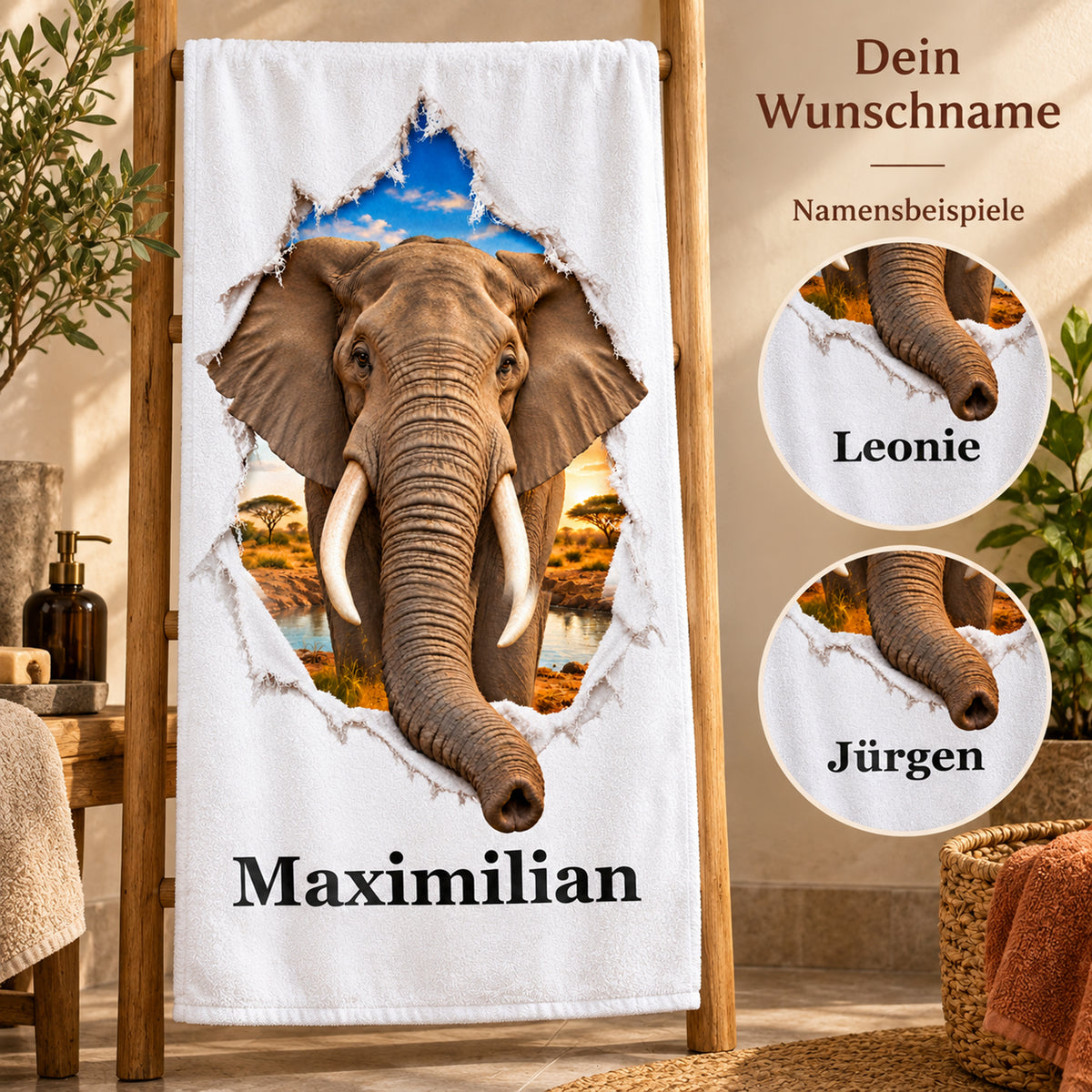 Elefant-Handtuch mit Wunschname und runden Ausschnitten zur Namensgestaltung