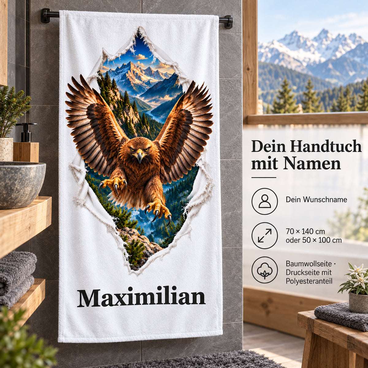 Adler-Handtuch mit Wunschname, Größenwahl und Angaben zu Baumwoll- und Druckseite