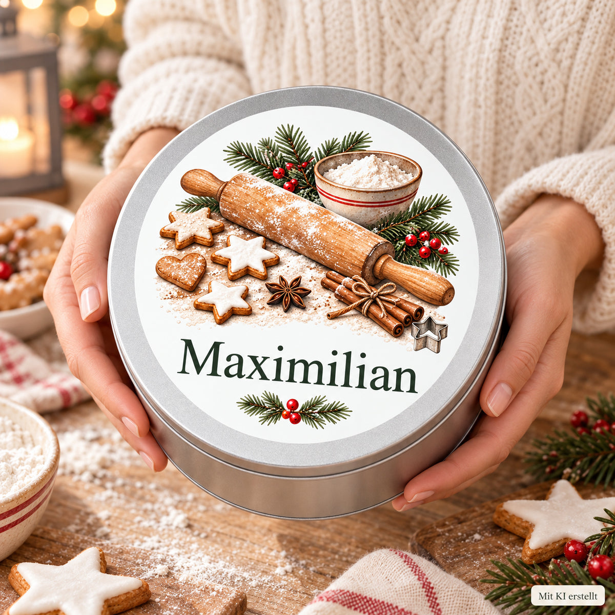 Person hält eine Keksdose mit Weihnachtsbäckerei-Motiv; das Bild ist als KI erstellt gekennzeichnet.