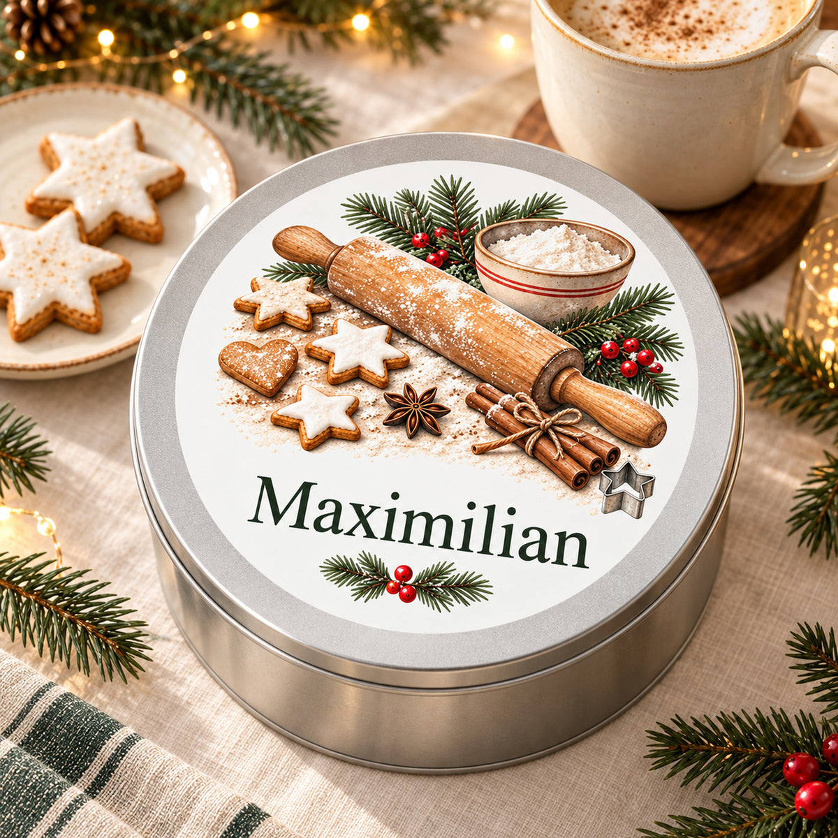 Weihnachts-Keksdose mit Backmotiv neben Tasse und Sternplätzchen auf einem hellen Tisch.