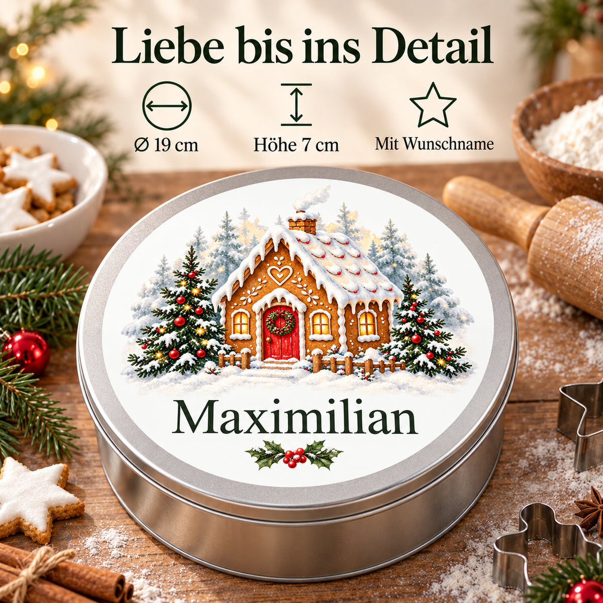 Keksdose mit Lebkuchenhausmotiv und Angaben zu Durchmesser, Höhe und Wunschname.