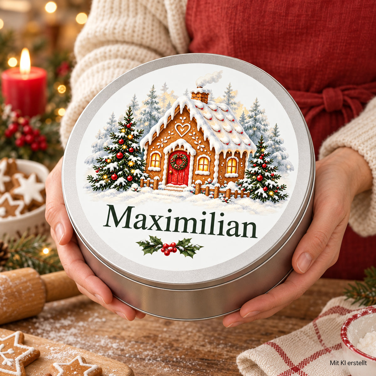 Eine Person hält die personalisierte Keksdose mit Lebkuchenhausmotiv beim weihnachtlichen Backen.