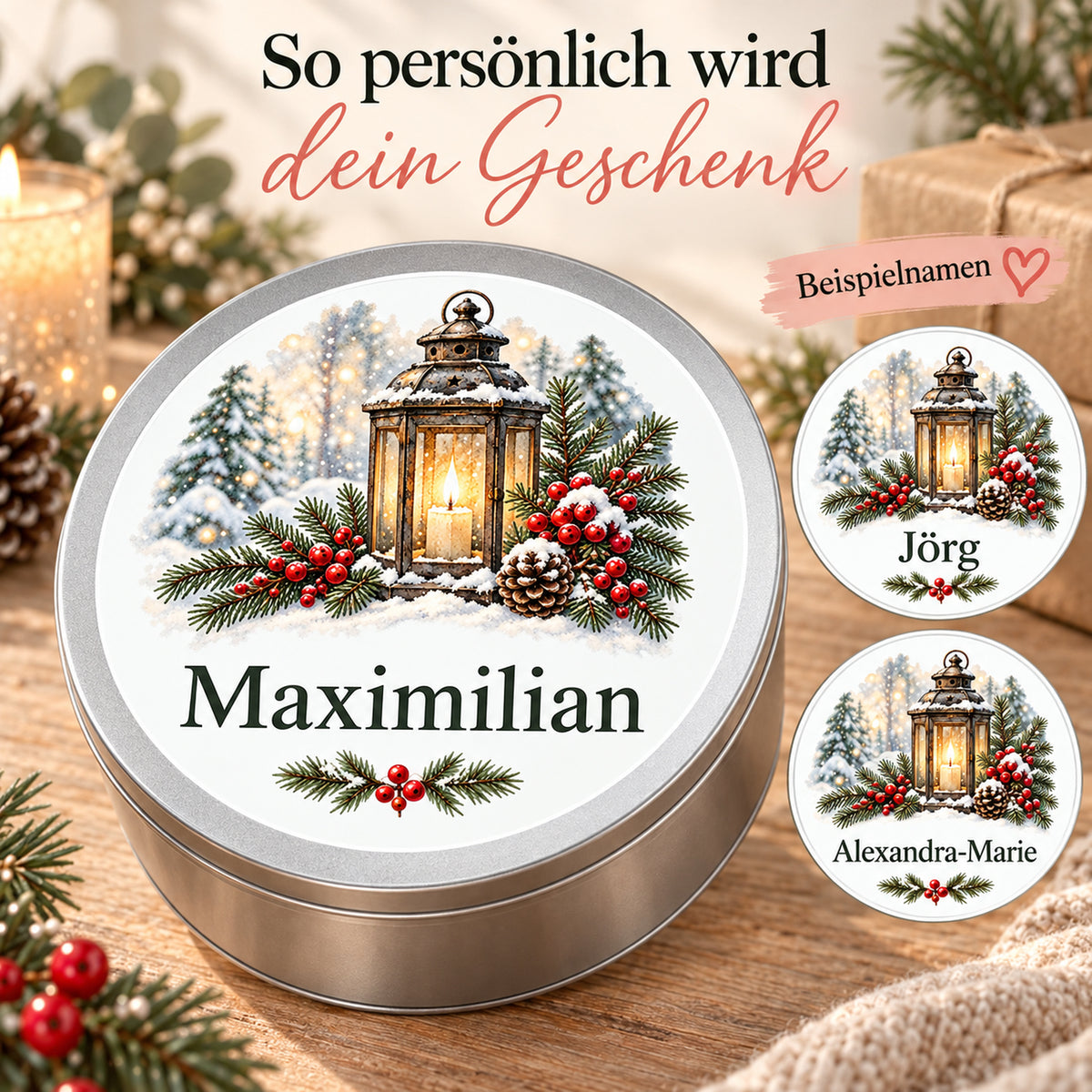 Personalisierte Keksdose mit Winterlaternenmotiv und zwei Motivausschnitten mit verschiedenen Namenslängen.