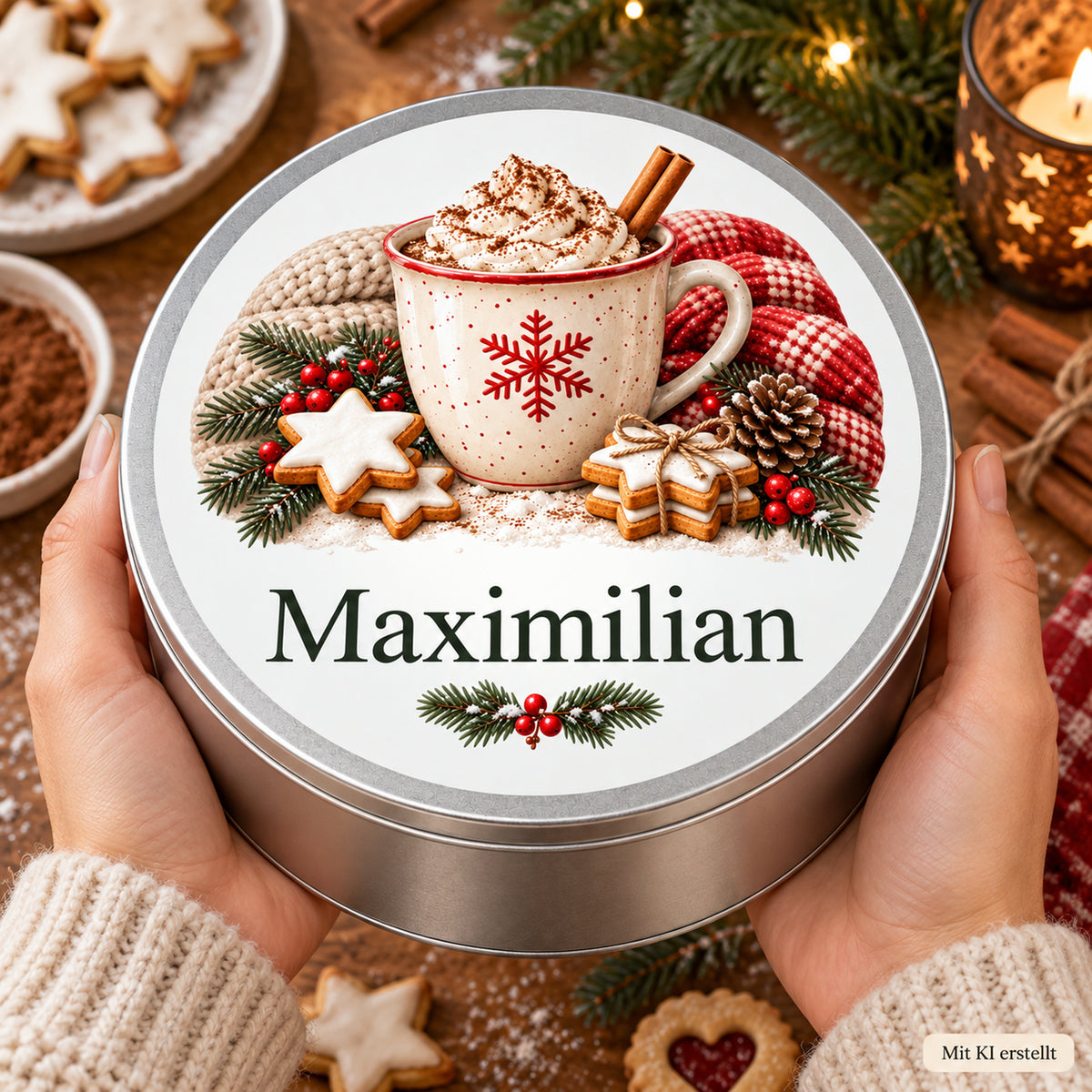 Personalisierte silberne Keksdose mit Weihnachtskakaomotiv: Dose in Händen auf einem Weihnachtstisch.
