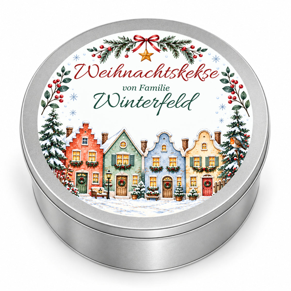 Runde personalisierte Keksdose mit Häuserzeile in Aquarellfarben auf dem Deckel