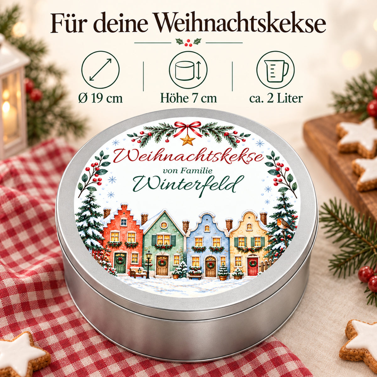 Produktdetails der Keksdose mit Häuserzeile: 19 cm Durchmesser, 7 cm Höhe und etwa 2 Liter Volumen
