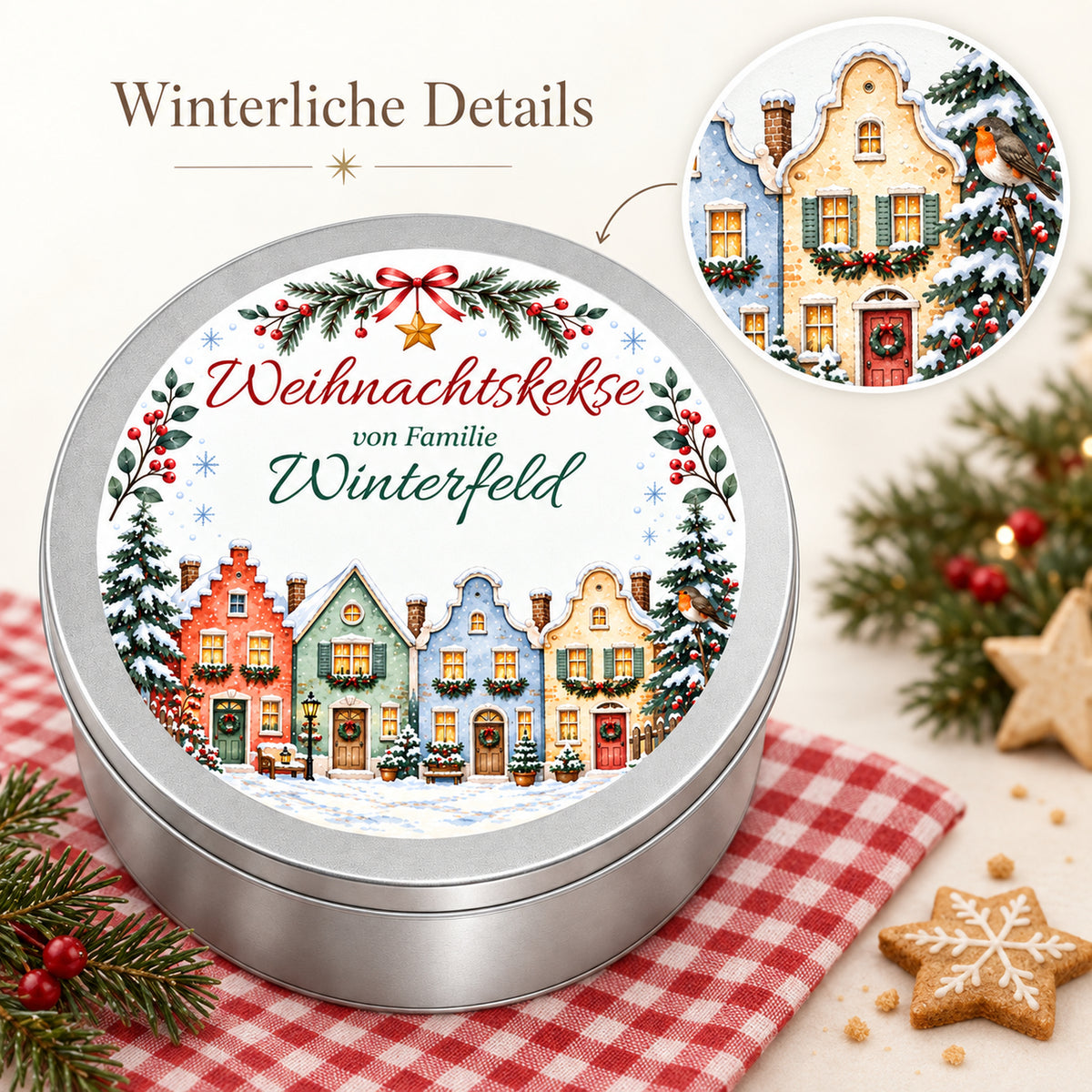 Keksdose mit Häuserzeile und vergrößertem Ausschnitt des Aquarellmotivs