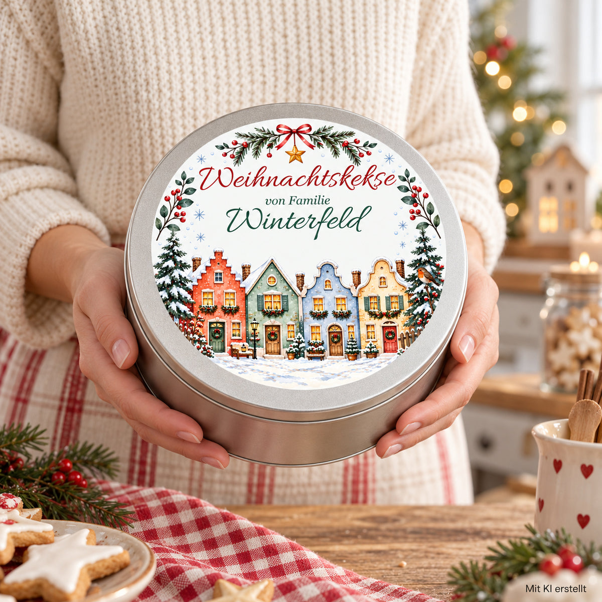 Hände halten die personalisierte Weihnachts-Keksdose mit Häuserzeile