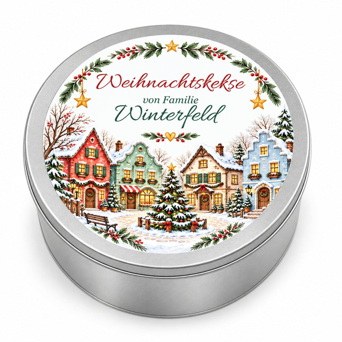 Runde personalisierte Keksdose mit Dorfplatz in Aquarellfarben auf dem Deckel