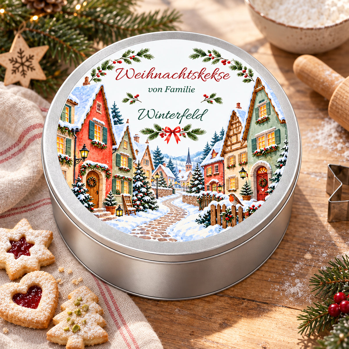 Personalisierte Keksdose mit verschneiter Gasse auf einem gedeckten Weihnachtstisch