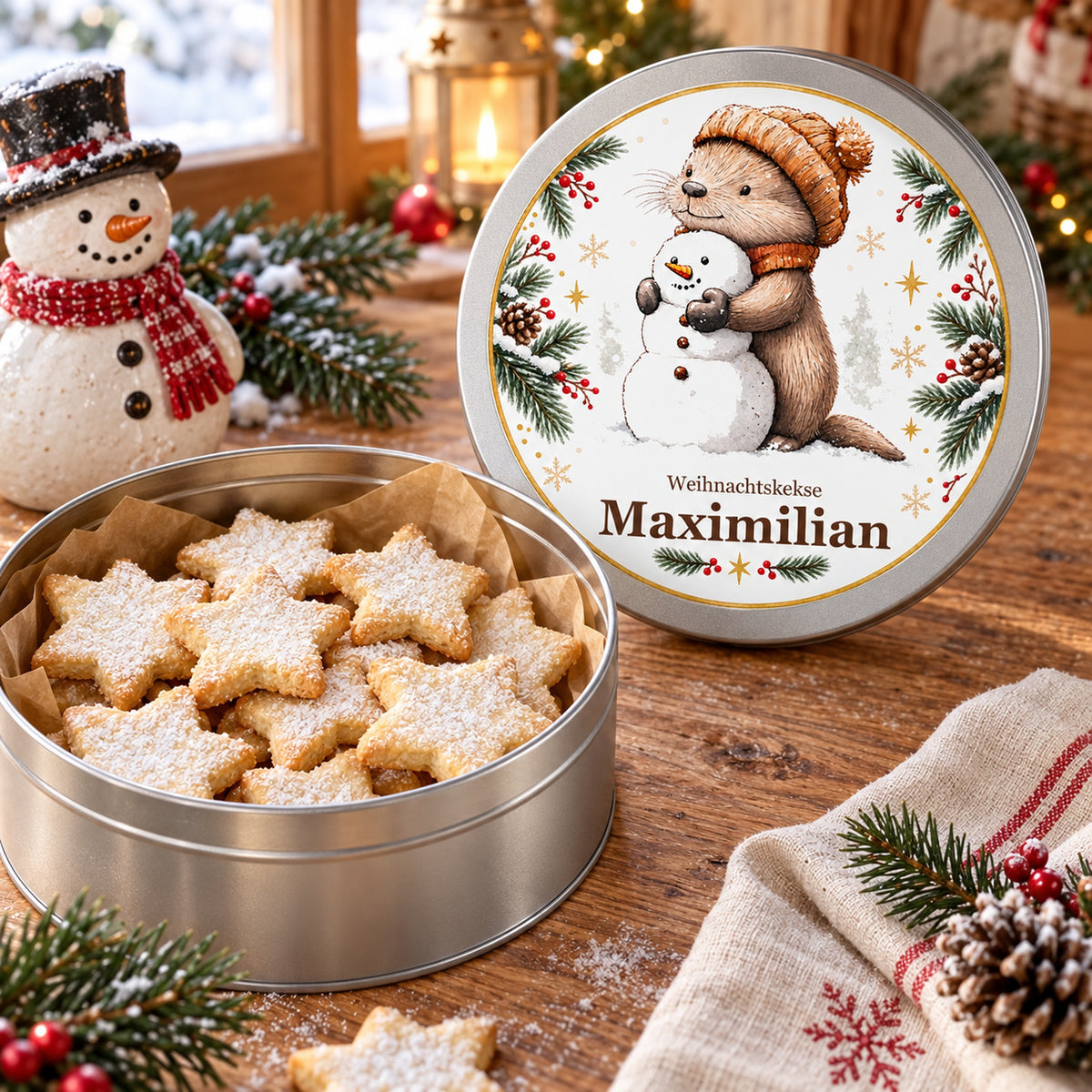 Keksdose Weihnachten, Otter mit Schneemann, mit Wunschname geöffnet mit Sternkeksen und separatem bedrucktem Deckel