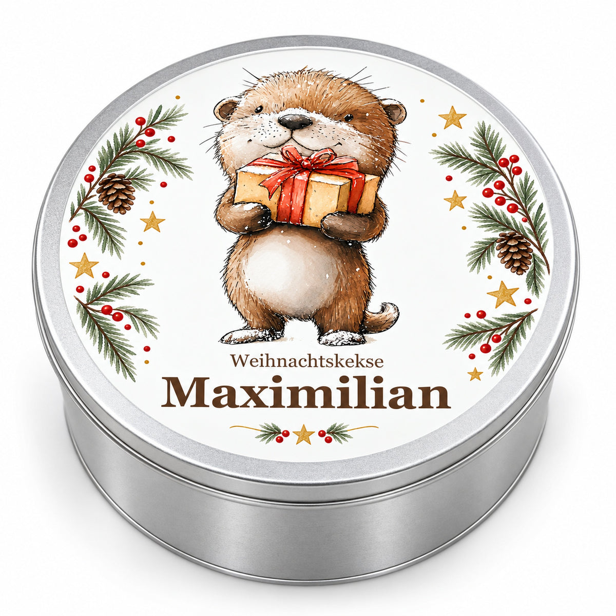 Keksdose Weihnachten, Otter mit Geschenk, mit Wunschname auf Weiß