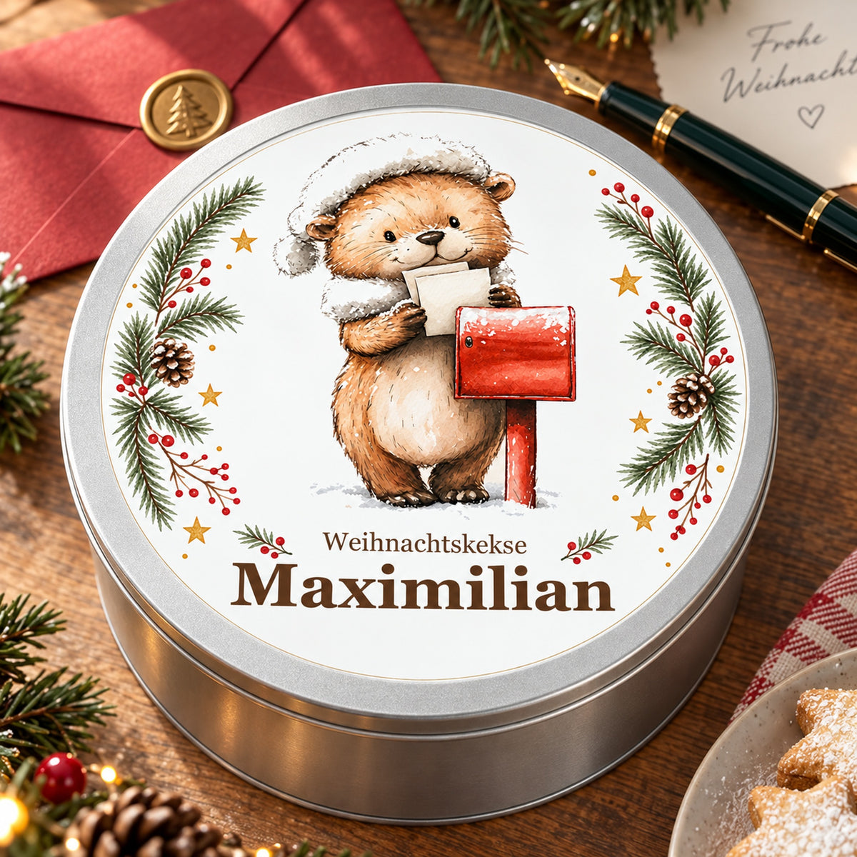 Keksdose Weihnachten, Otter mit Weihnachtspost, mit Wunschname schräg neben Umschlag und Keksteller