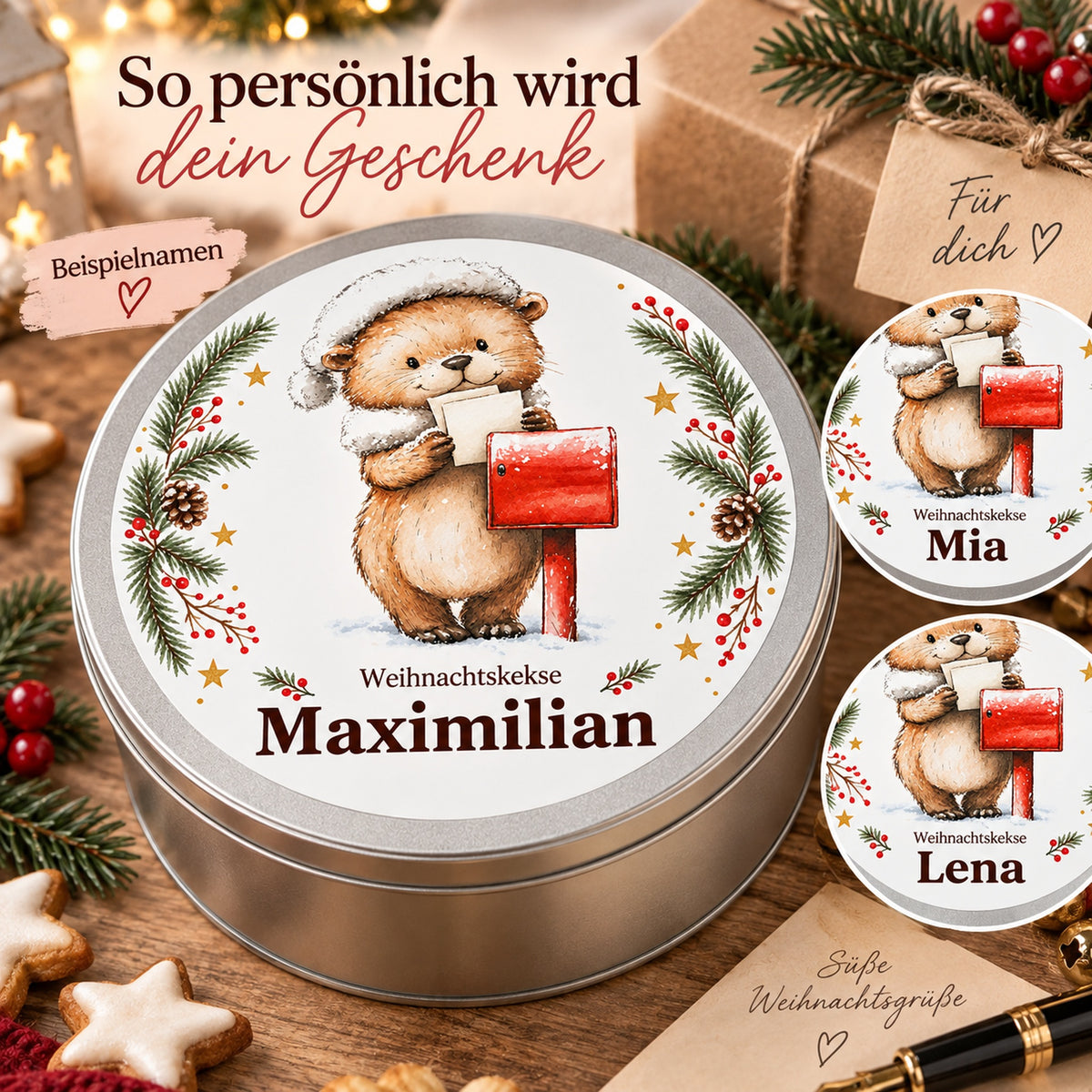 Keksdose Weihnachten, Otter mit Weihnachtspost, mit Wunschname und Namensbeispielen