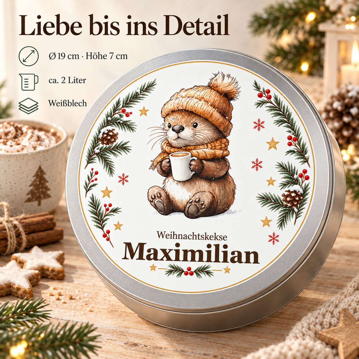 Keksdose Weihnachten, Otter bei der Kakaopause, mit Wunschname und Maß- und Materialangaben