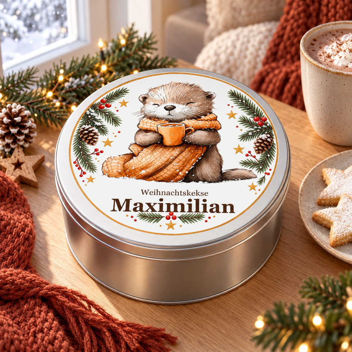 Keksdose Weihnachten, Otter mit Kuschelschal, mit Wunschname neben Strickschal, Kakao und Winterfenster