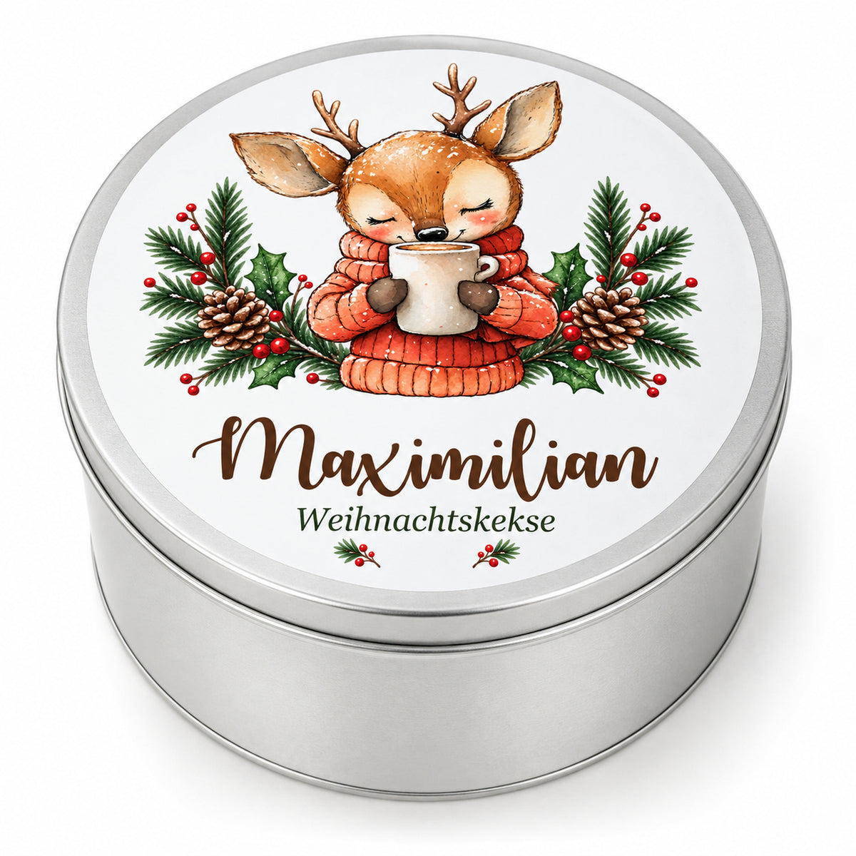 Personalisierte Weihnachts-Keksdose, Motiv Reh mit Kakao – Hauptbild auf weißem Hintergrund
