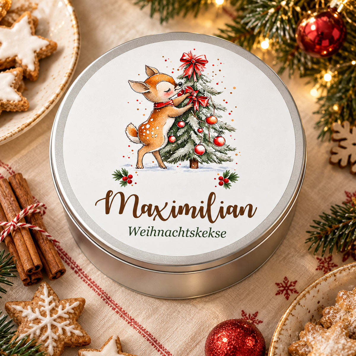 Personalisierte Weihnachts-Keksdose, Motiv Reh am Weihnachtsbaum – Draufsicht in weihnachtlicher Umgebung