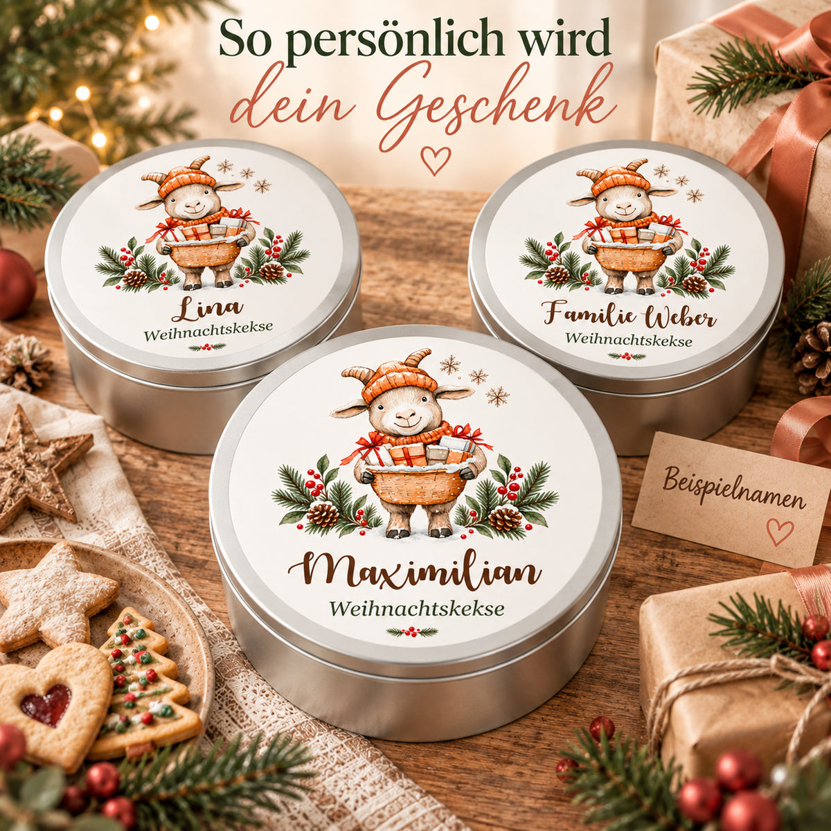 Personalisierte Weihnachts-Keksdose, Motiv Ziege mit Geschenkkorb – Personalisierung mit drei Beispielnamen