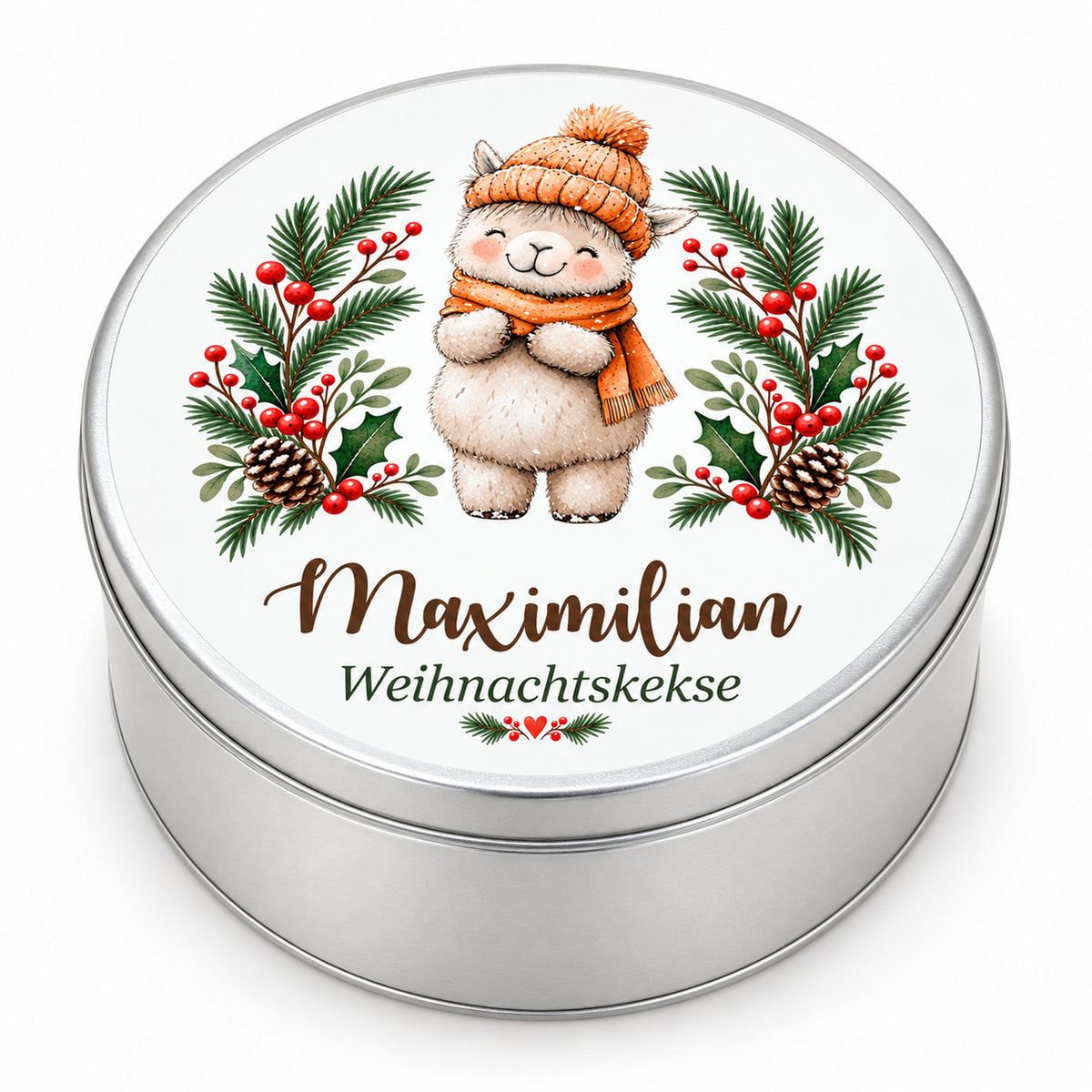 Personalisierte Weihnachts-Keksdose, Motiv Lamm mit Wintermütze – Hauptbild auf weißem Hintergrund