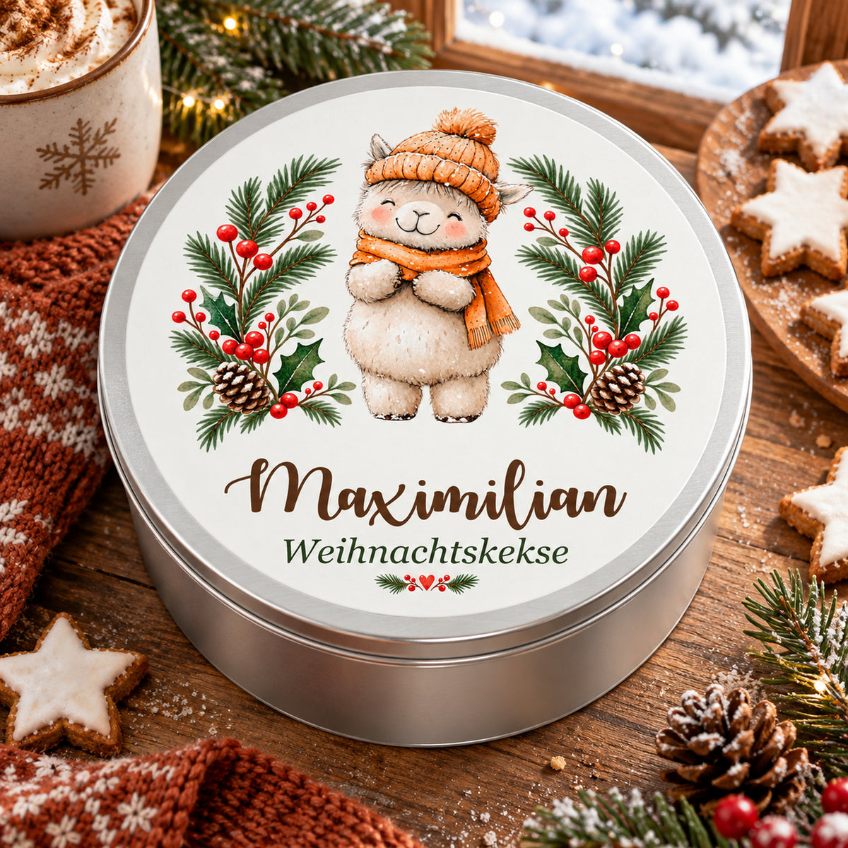 Personalisierte Weihnachts-Keksdose, Motiv Lamm mit Wintermütze – Draufsicht in weihnachtlicher Umgebung