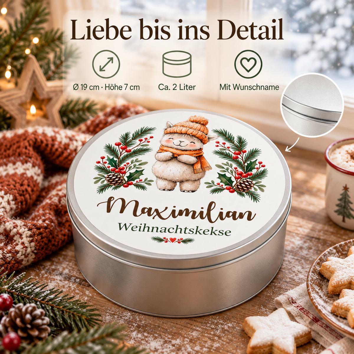 Personalisierte Weihnachts-Keksdose, Motiv Lamm mit Wintermütze – Produktdetails und Maße