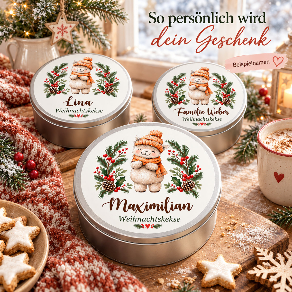 Personalisierte Weihnachts-Keksdose, Motiv Lamm mit Wintermütze – Personalisierung mit drei Beispielnamen