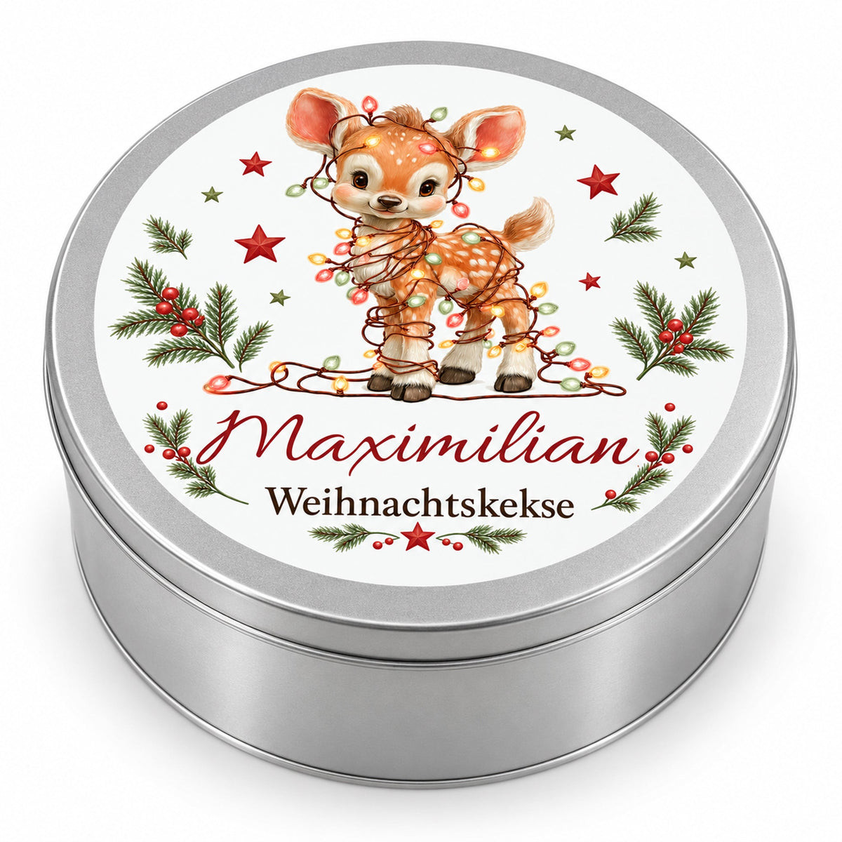 Geschlossene personalisierte Keksdose mit Rehkitz mit Lichterkette auf weißem Hintergrund.