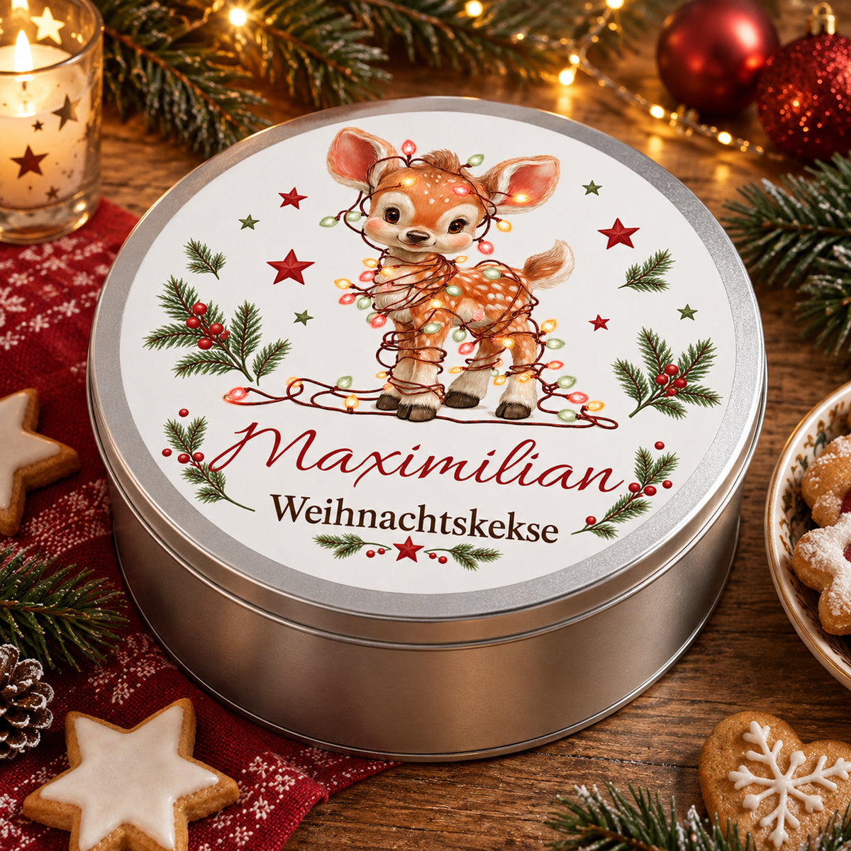 Schräge Ansicht der geschlossenen Keksdose mit Rehkitz mit Lichterkette und Wunschname.