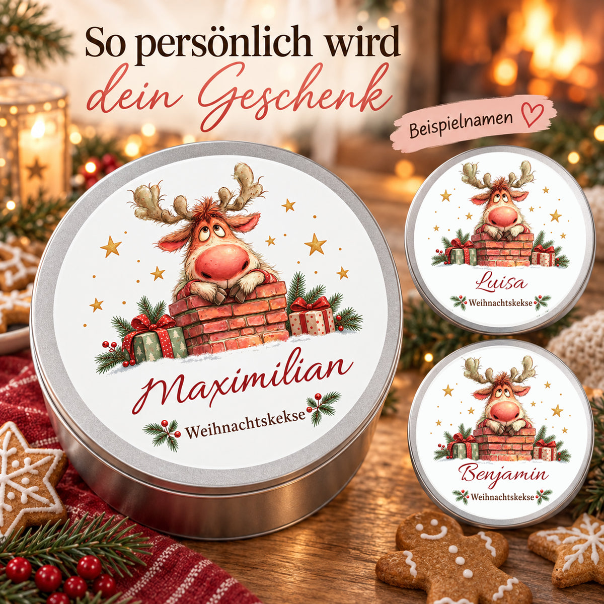 Drei Ansichten der Keksdose mit Rentier im Schornstein zeigen verschiedene Namenspersonalisierungen.
