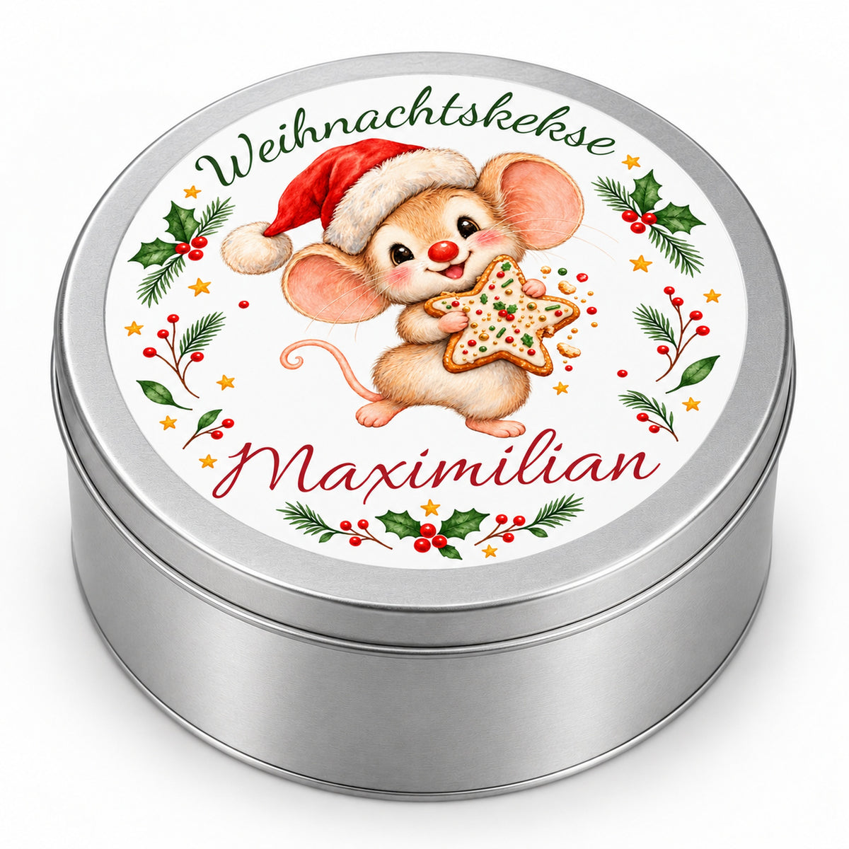 Keksdose Weihnachtsmaus Keksstern mit Wunschname in seitlicher Dreiviertelansicht