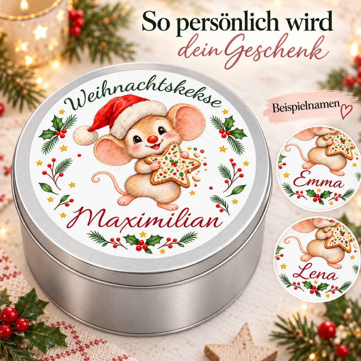 Keksdose Weihnachtsmaus Keksstern mit verschiedenen Namensgestaltungen