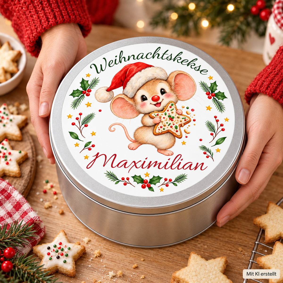 Keksdose Weihnachtsmaus Keksstern mit Wunschname in den Händen einer Person