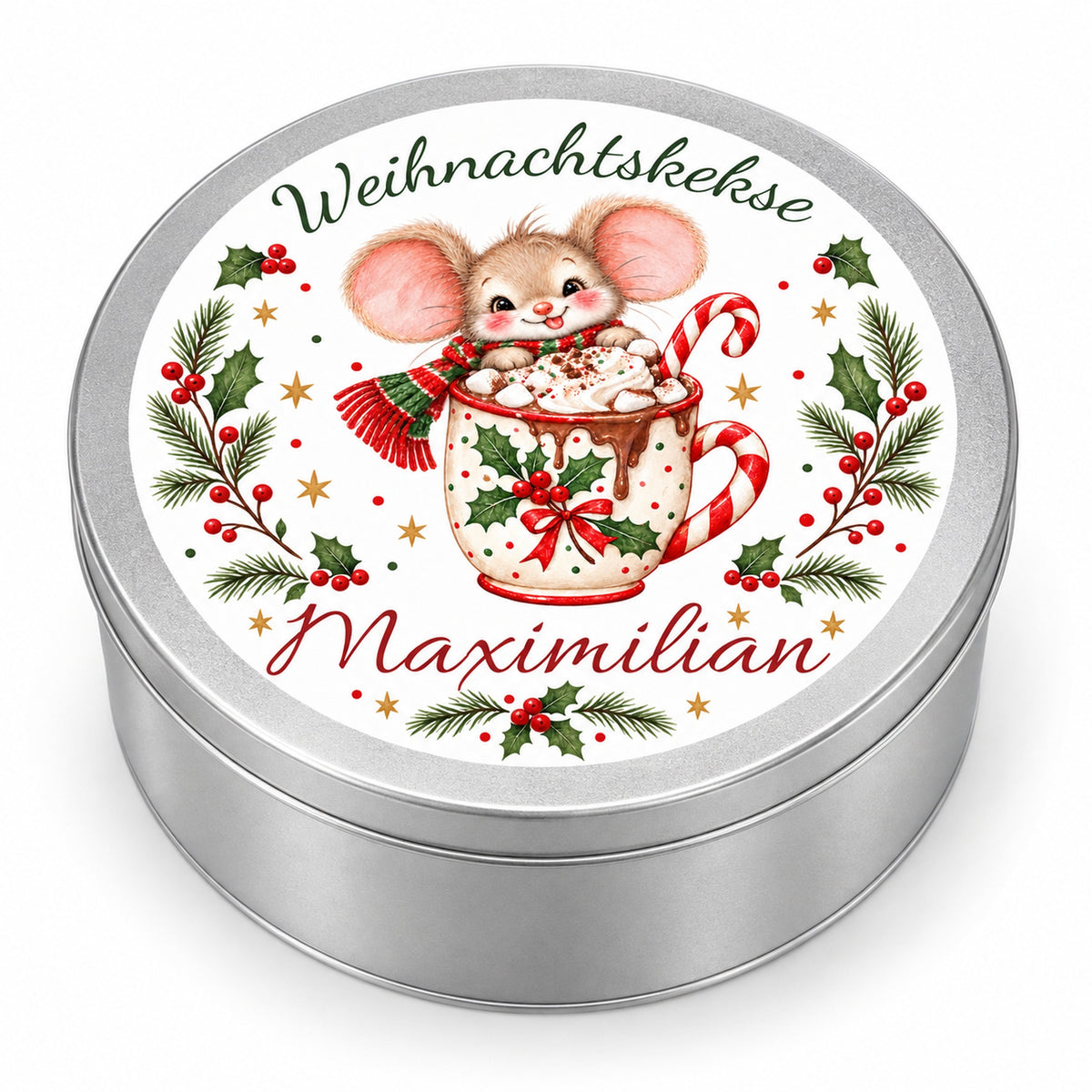 Keksdose Weihnachtsmaus Kakaotasse mit Wunschname auf weißem Hintergrund